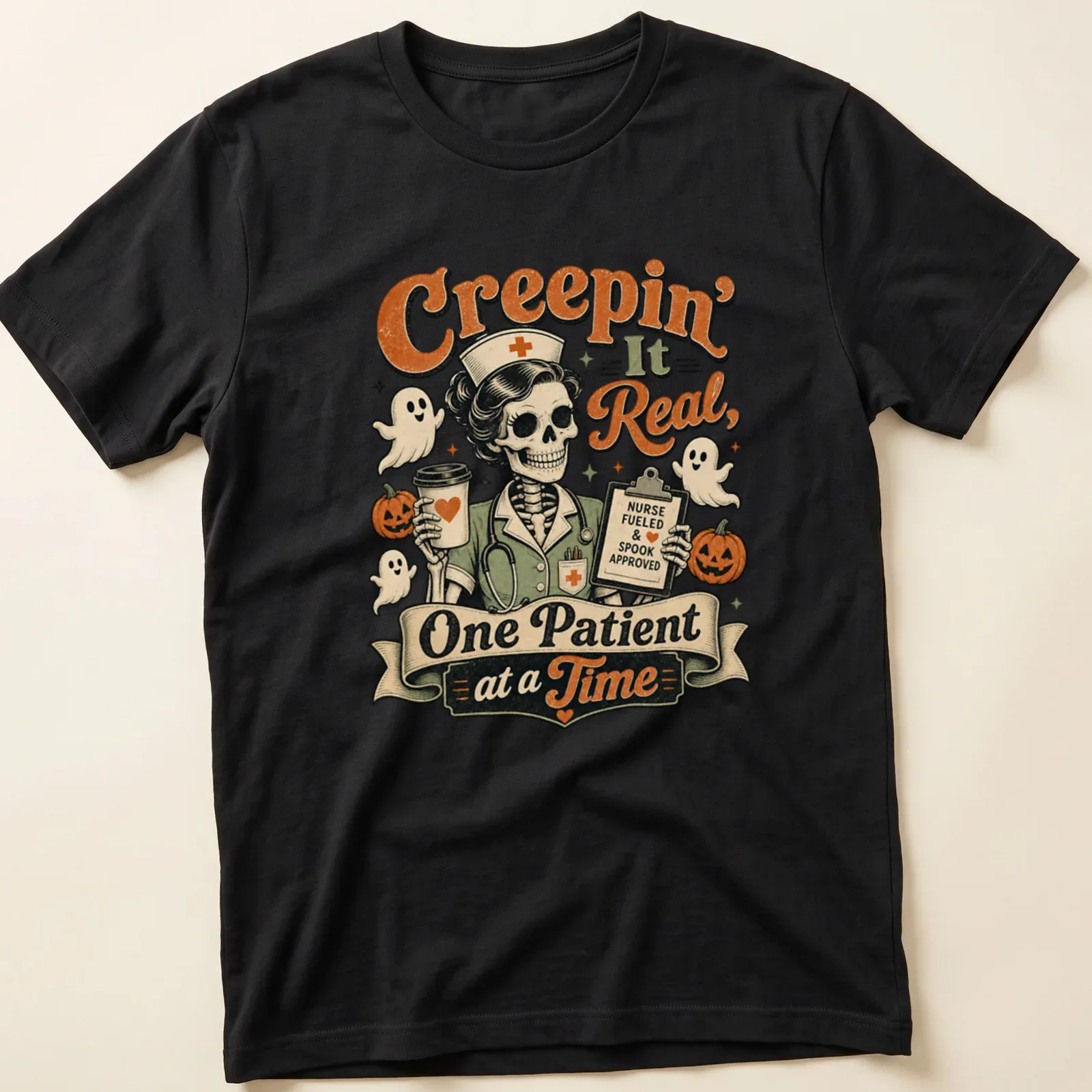 Humorous skeleton nurse graphic with Halloween theme featuring text — printed on a unisex t-shirt