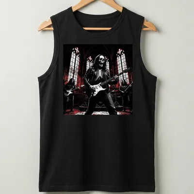 Dark gothic print of skeleton rock band performing in black, red, and white — printed on a tank top