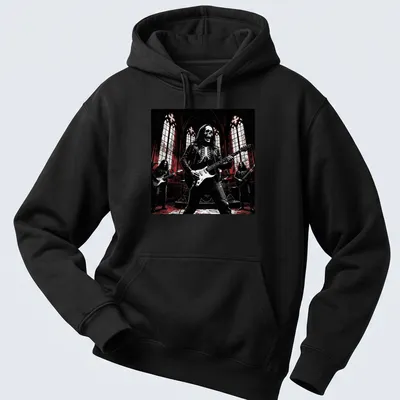 Dark gothic print of skeleton rock band performing in black, red, and white — printed on a unisex hoodie