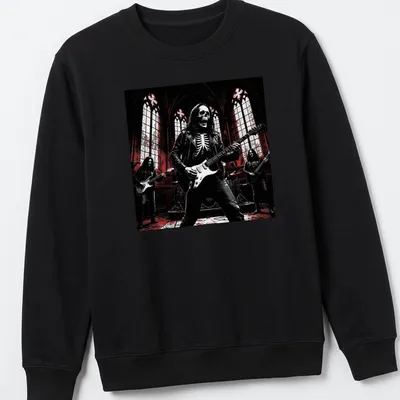 Dark gothic print of skeleton rock band performing in black, red, and white — printed on a unisex sweatshirt