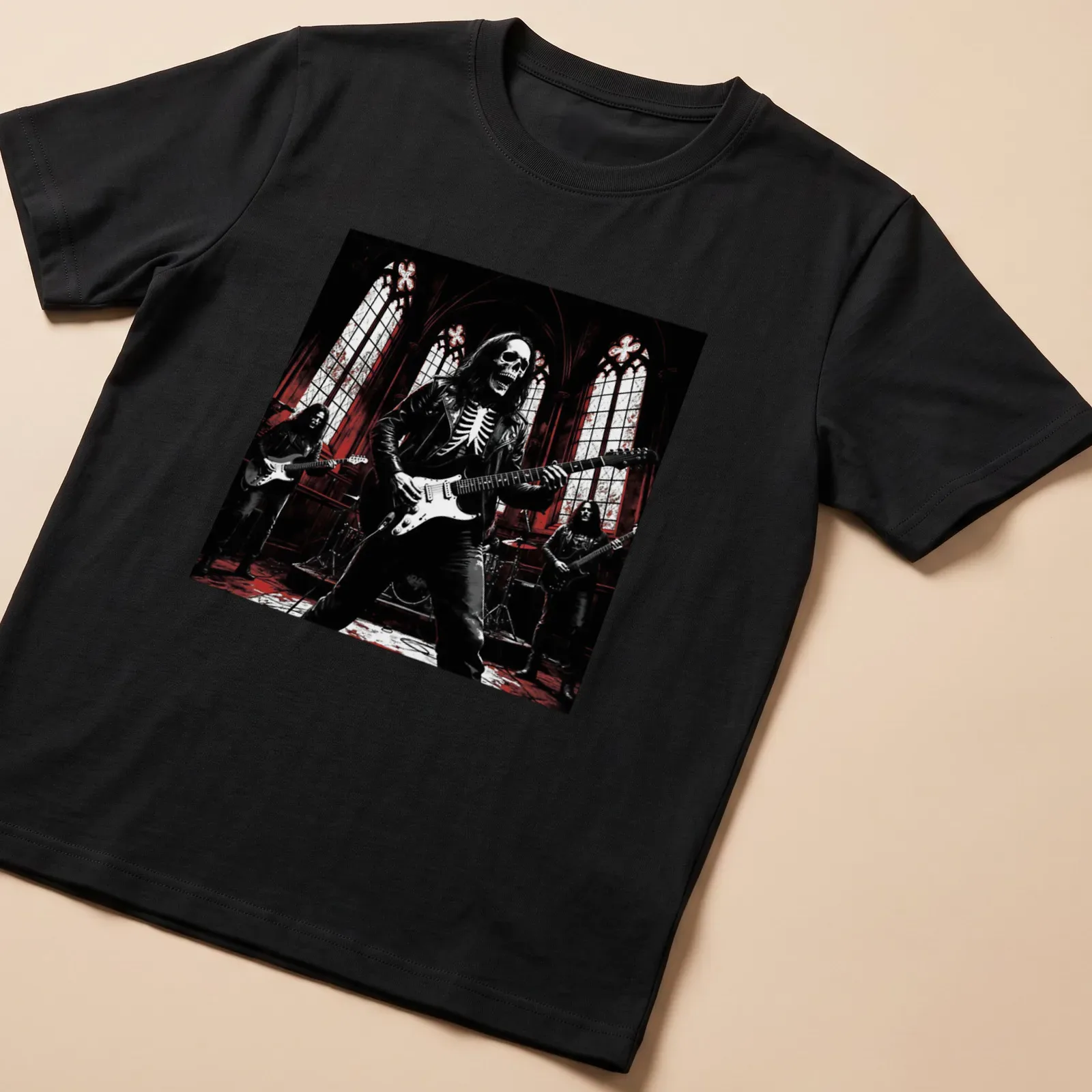 Dark gothic print of skeleton rock band performing in black, red, and white — printed on a unisex t-shirt