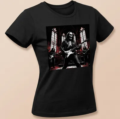 Dark gothic print of skeleton rock band performing in black, red, and white — printed on a women's shirt