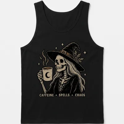 Vintage illustration of a skeleton witch with a coffee mug and the text Caffeine Spells Chaos — printed on a tank top