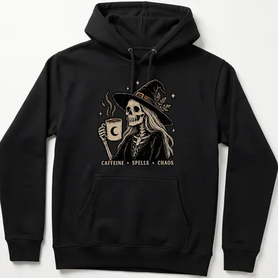 Vintage illustration of a skeleton witch with a coffee mug and the text Caffeine Spells Chaos — printed on a unisex hoodie