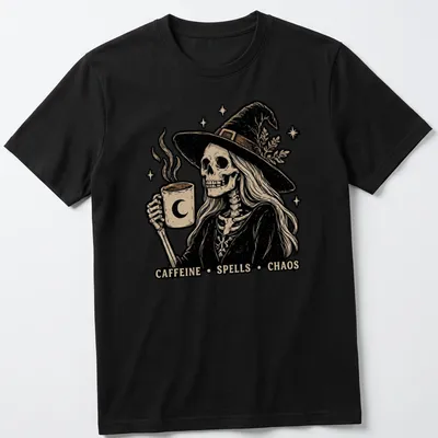 Vintage illustration of a skeleton witch with a coffee mug and the text Caffeine Spells Chaos