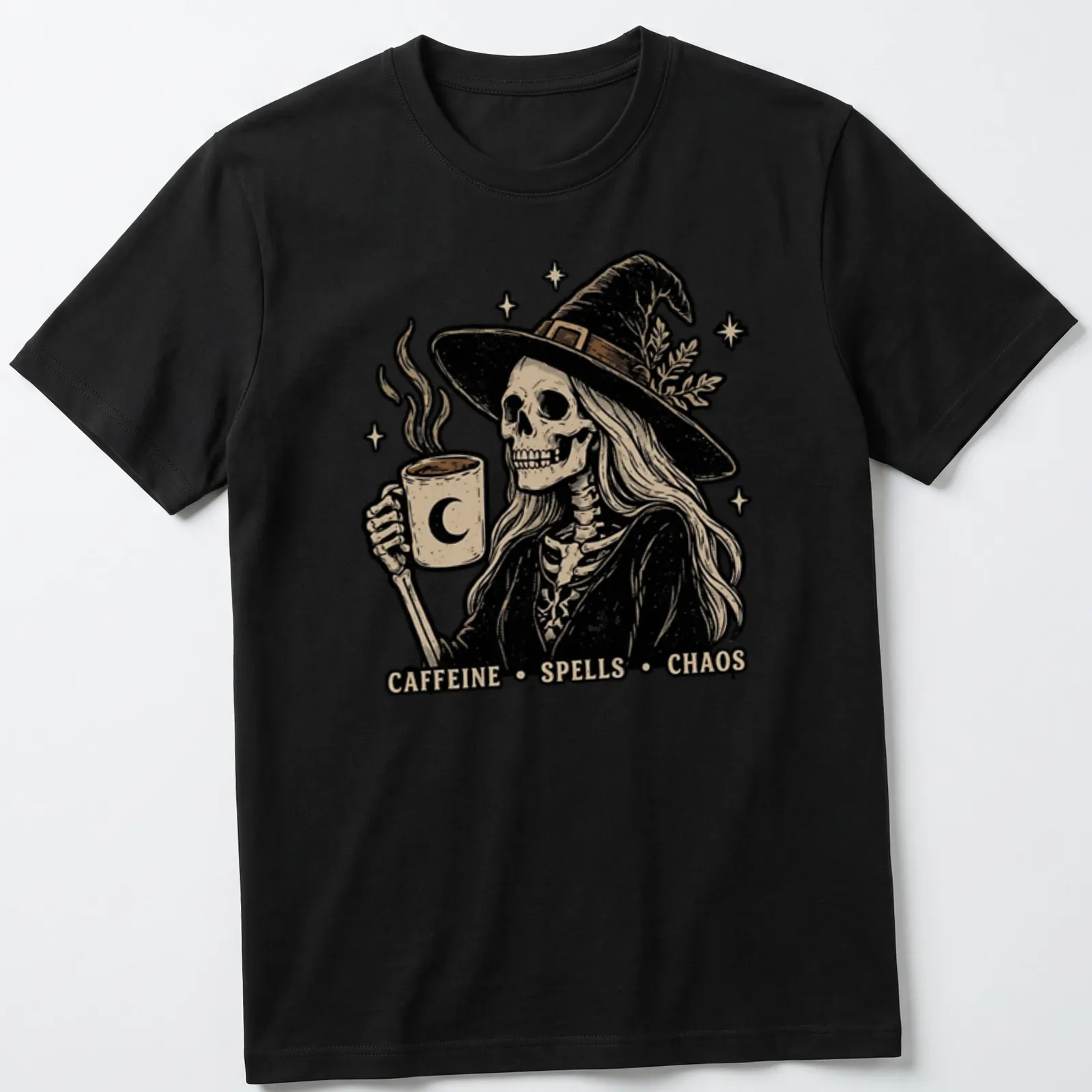 Vintage illustration of a skeleton witch with a coffee mug and the text Caffeine Spells Chaos — printed on a unisex t-shirt
