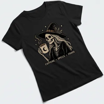 Vintage illustration of a skeleton witch with a coffee mug and the text Caffeine Spells Chaos — printed on a women's shirt