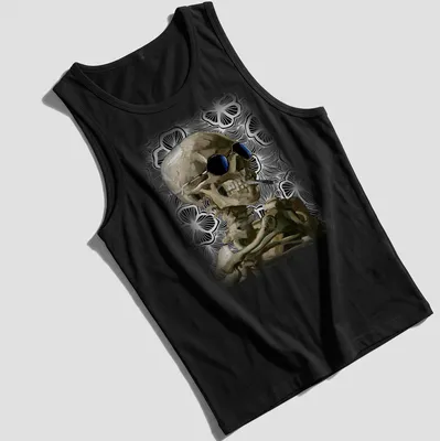Realistic skeleton wearing sunglasses with a burning cigarette design — printed on a tank top