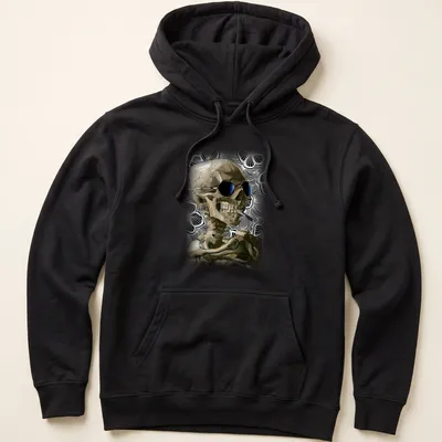 Realistic skeleton wearing sunglasses with a burning cigarette design — printed on a unisex hoodie