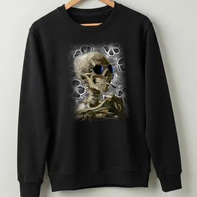 Realistic skeleton wearing sunglasses with a burning cigarette design — printed on a unisex sweatshirt