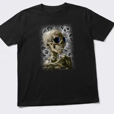 Realistic skeleton wearing sunglasses with a burning cigarette design