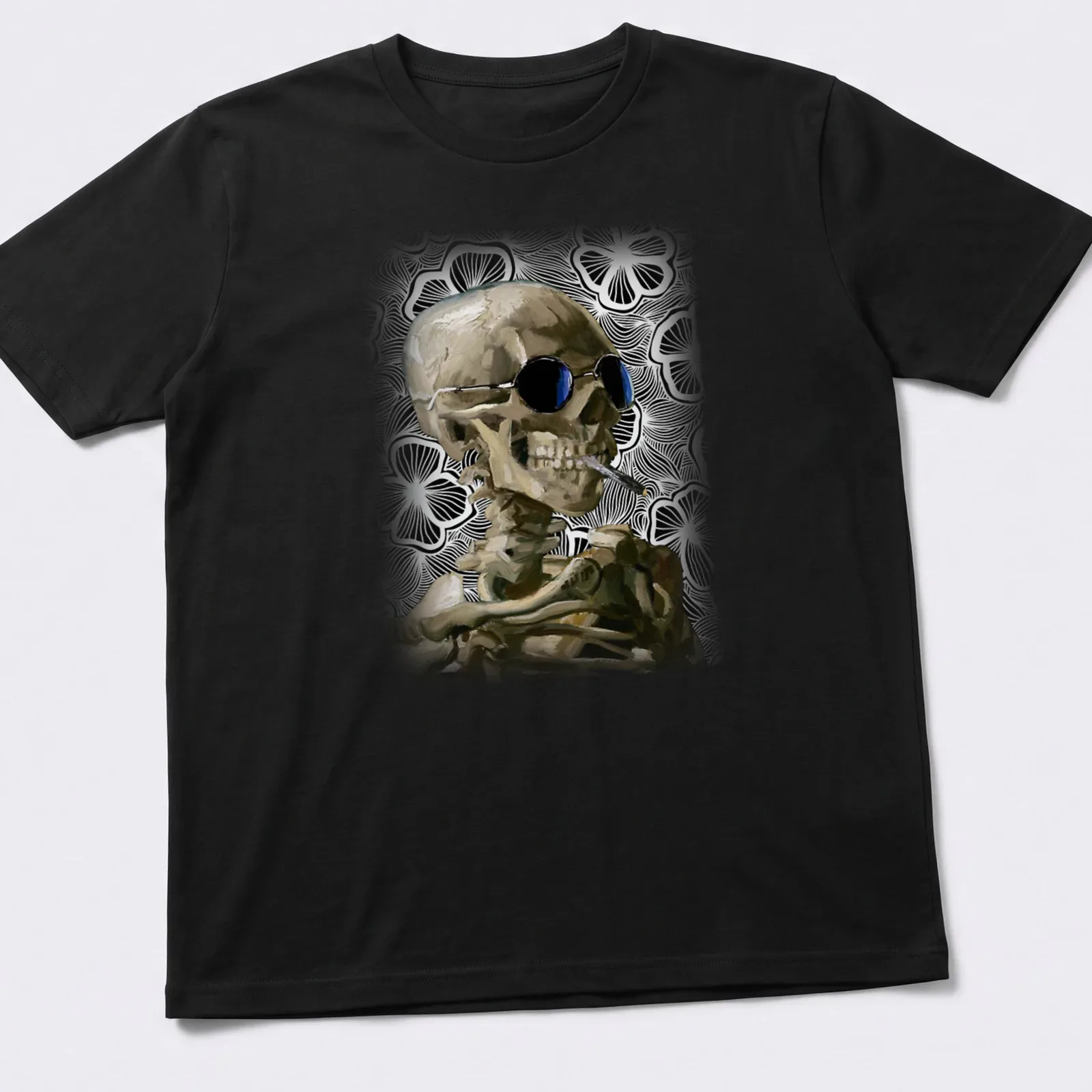 Realistic skeleton wearing sunglasses with a burning cigarette design — printed on a unisex t-shirt