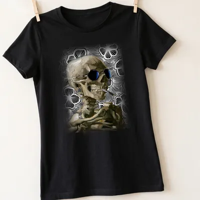 Realistic skeleton wearing sunglasses with a burning cigarette design — printed on a women's shirt