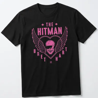 Retro distressed shirt featuring a skull with wings and Bret Hart's name in pink and white — printed on a unisex t-shirt
