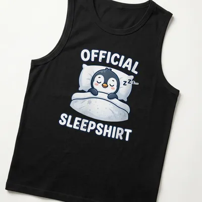 Kawaii cartoon of a sleeping penguin with the text 'Official Sleepshirt' above. — printed on a tank top