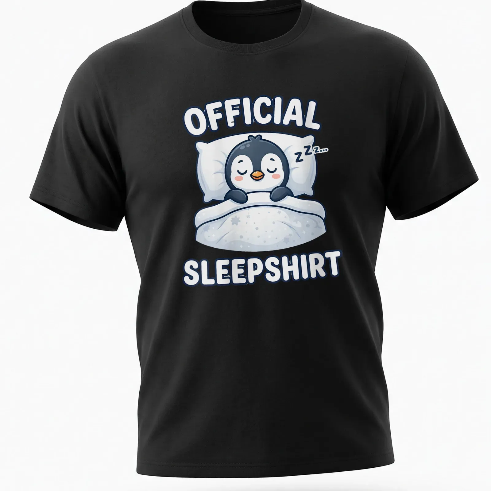 Kawaii cartoon of a sleeping penguin with the text 'Official Sleepshirt' above. — printed on a unisex t-shirt