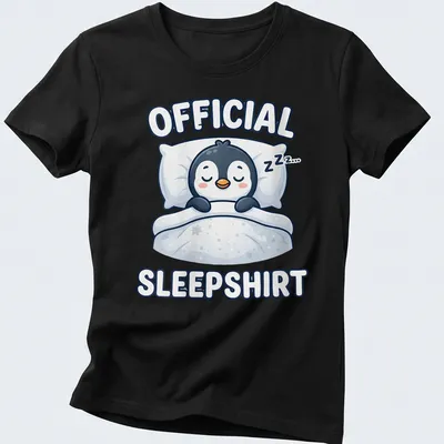 Kawaii cartoon of a sleeping penguin with the text 'Official Sleepshirt' above. — printed on a women's shirt