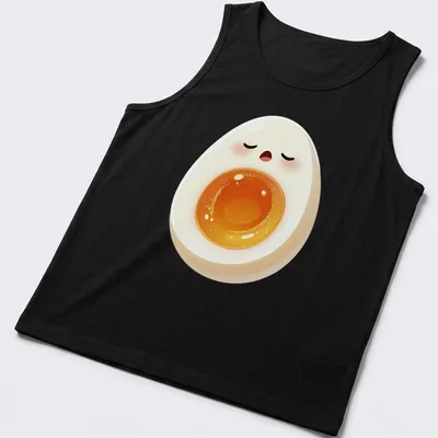 Kawaii sleepy egg graphic featuring a yolk face in white, yellow, and orange — printed on a tank top