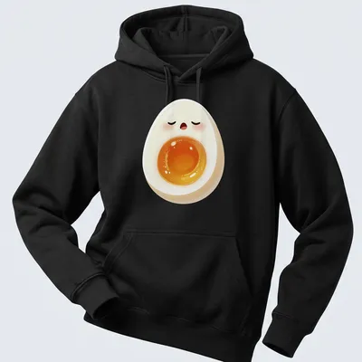 Kawaii sleepy egg graphic featuring a yolk face in white, yellow, and orange — printed on a unisex hoodie