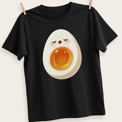 Kawaii sleepy egg graphic featuring a yolk face in white, yellow, and orange