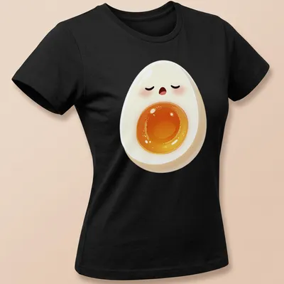 Kawaii sleepy egg graphic featuring a yolk face in white, yellow, and orange — printed on a women's shirt