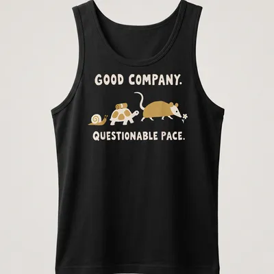 Playful illustration of a snail, turtle, and mouse with humorous text about pace — printed on a tank top