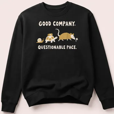 Playful illustration of a snail, turtle, and mouse with humorous text about pace — printed on a unisex sweatshirt