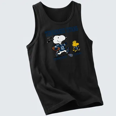 Cartoon Snoopy and Woodstock on Tennessee Titans football t-shirt in blue, white, and yellow — printed on a tank top