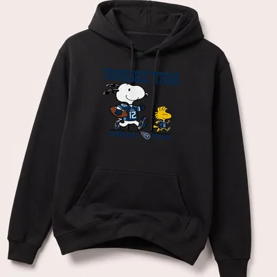 Cartoon Snoopy and Woodstock on Tennessee Titans football t-shirt in blue, white, and yellow — printed on a unisex hoodie