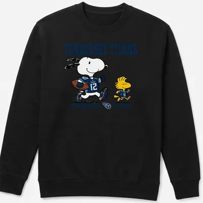 Cartoon Snoopy and Woodstock on Tennessee Titans football t-shirt in blue, white, and yellow — printed on a unisex sweatshirt