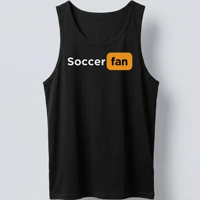 Bold modern typography shirt featuring the words Soccer Fan in black, orange, and white. — printed on a tank top