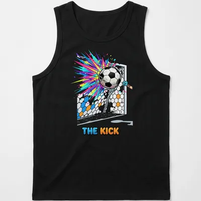 Cartoon soccer ball exploding into the goal with colorful accents and playful text above. — printed on a tank top