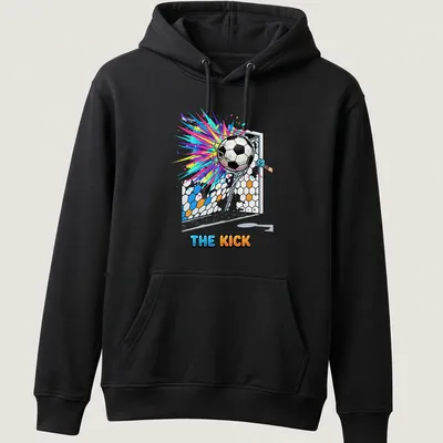 Cartoon soccer ball exploding into the goal with colorful accents and playful text above. — printed on a unisex hoodie
