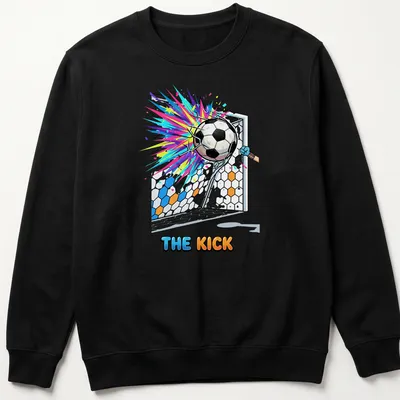Cartoon soccer ball exploding into the goal with colorful accents and playful text above. — printed on a unisex sweatshirt