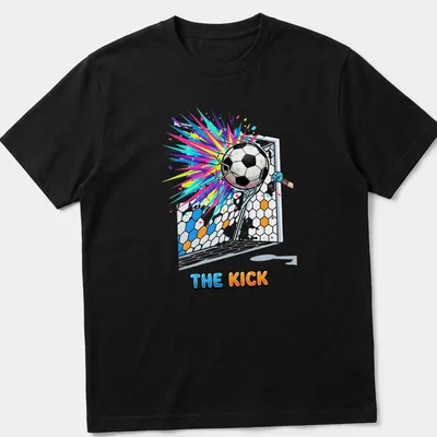 Cartoon soccer ball exploding into the goal with colorful accents and playful text above.