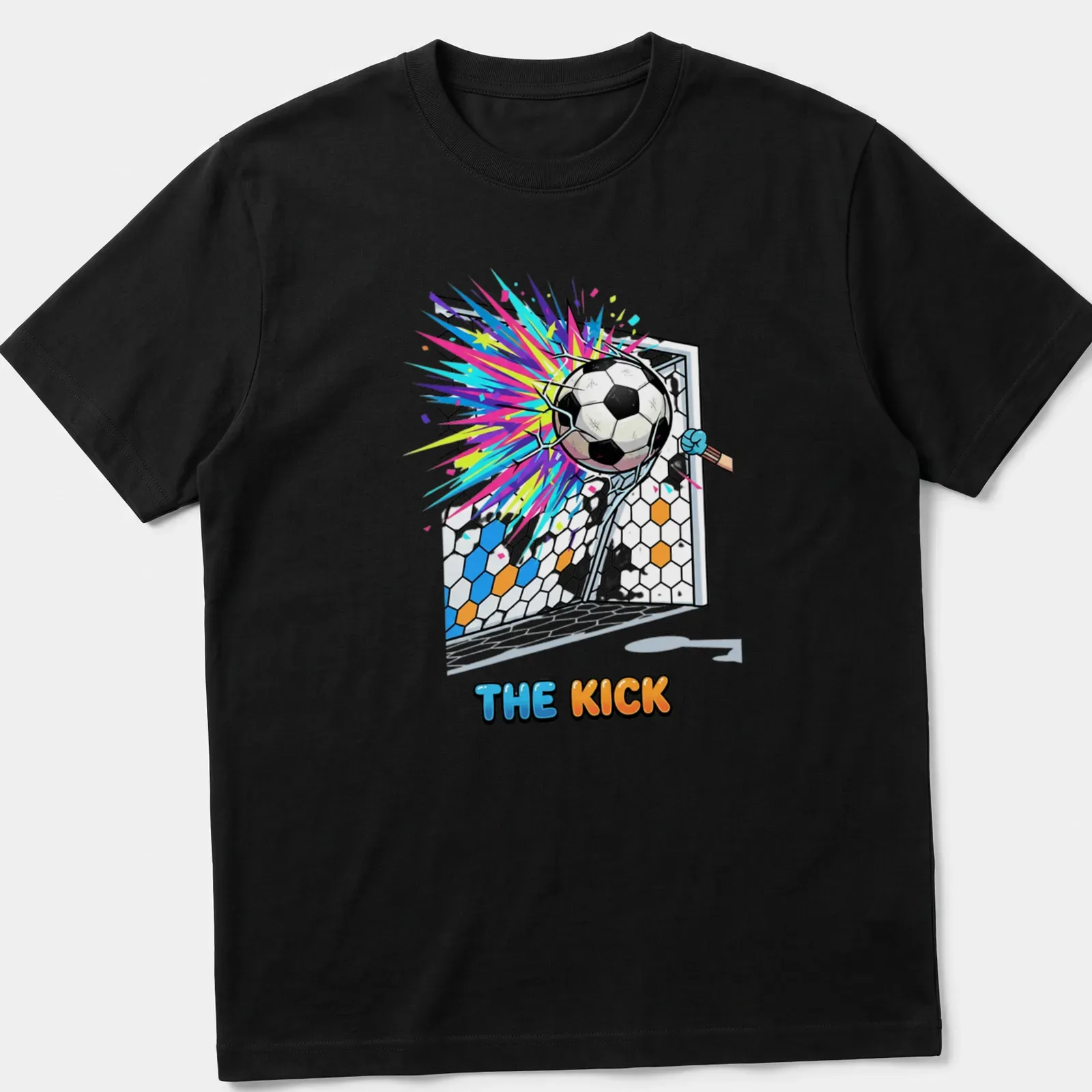 Cartoon soccer ball exploding into the goal with colorful accents and playful text above. — printed on a unisex t-shirt