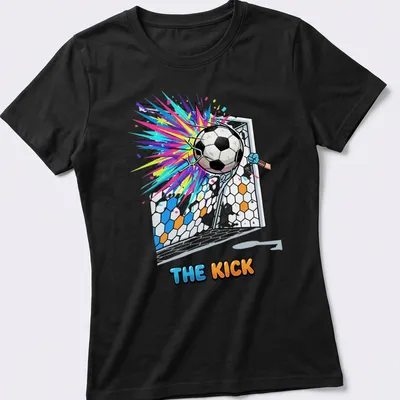 Cartoon soccer ball exploding into the goal with colorful accents and playful text above. — printed on a women's shirt
