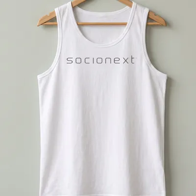 Sleek Socionext logo in gray and white on a modern — printed on a tank top