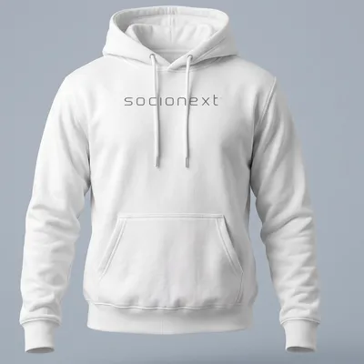 Sleek Socionext logo in gray and white on a modern — printed on a unisex hoodie