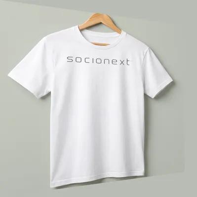 Sleek Socionext logo in gray and white on a modern — printed on a unisex t-shirt (angled view)