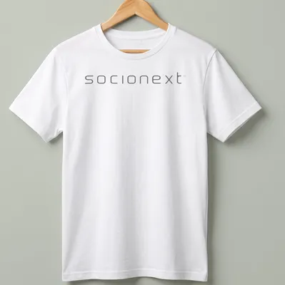 Sleek Socionext logo in gray and white on a modern t-shirt