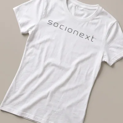 Sleek Socionext logo in gray and white on a modern — printed on a women's shirt