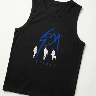 Minimalist t-shirt featuring blue background and white Soda Stereo text — printed on a tank top