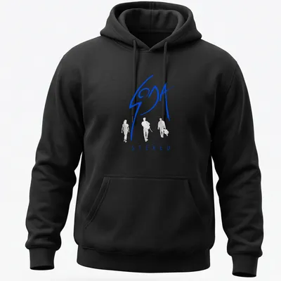 Minimalist t-shirt featuring blue background and white Soda Stereo text — printed on a unisex hoodie