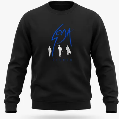 Minimalist t-shirt featuring blue background and white Soda Stereo text — printed on a unisex sweatshirt