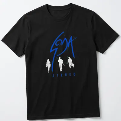 Minimalist t-shirt featuring blue background and white Soda Stereo text — printed on a unisex t-shirt