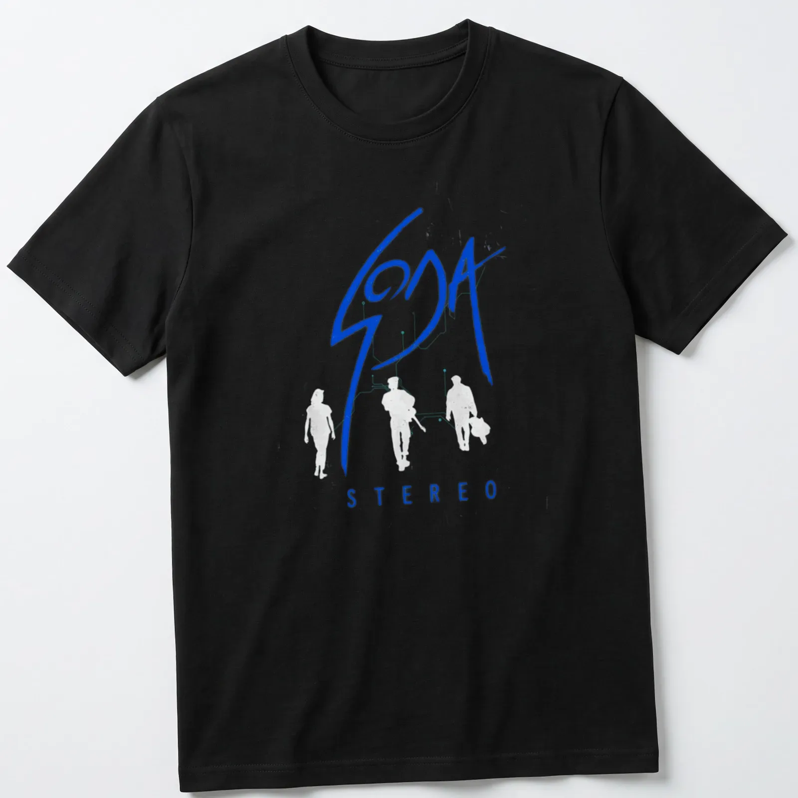 Minimalist t-shirt featuring blue background and white Soda Stereo text — printed on a unisex t-shirt