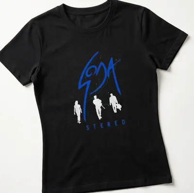 Minimalist t-shirt featuring blue background and white Soda Stereo text — printed on a women's shirt