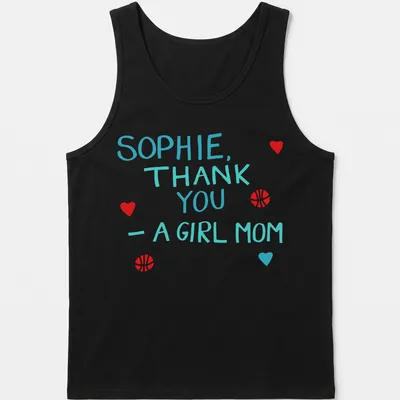 Playful t-shirt with basketball graphics and colorful text celebrating girl moms — printed on a tank top