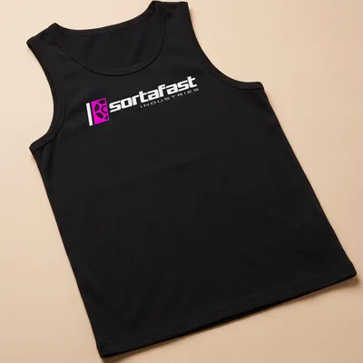 Modern Sortafast Industries logo t-shirt in pink and white — printed on a tank top